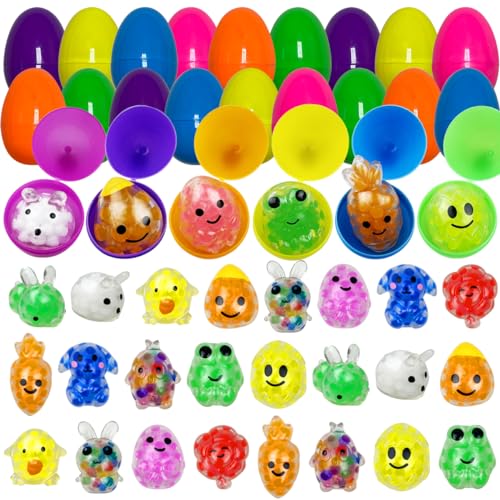 Jofan 24 Pack Plastic Prefilled Easter Eggs with Easter Mini Stress Balls Squishies Stress Relief Toys Inside for Kids Boys Girls Easter Basket Stuffers Gifts Easter Egg Fillers