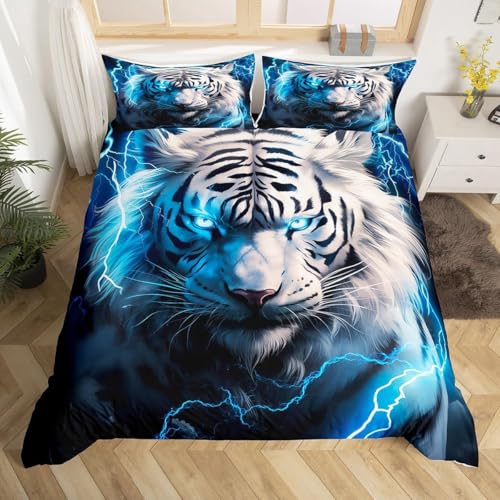ZZTBQ Foudre Tigre Blanc Housse de Couette 1 Personne Lit Enfant 90x190 cm Tigre Animal Enfant Parure de lit 1 Personne 90 x 190 cm Tigre imprimé 2 Piece...