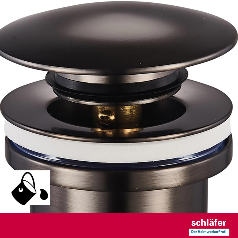 Schläfer Piletta Click-Clack Universale 1 1/4 in Ottone, Grigio Scuro Antracite Gun Metal Lucido, Scarico diametro 40.9 mm 4051103 con Tappo Tondo per Lavabo e Bidet,
