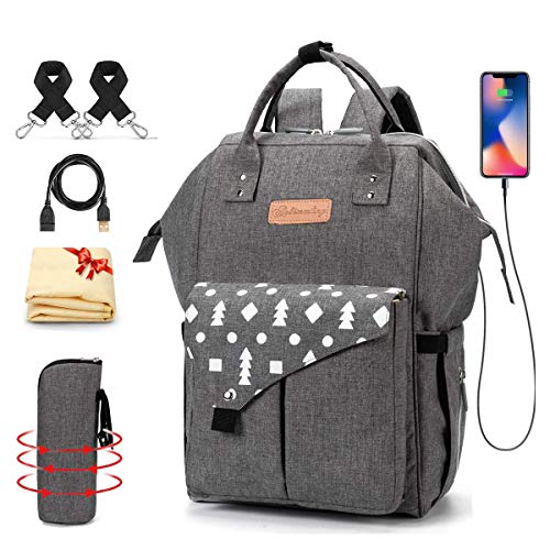 Bolsa para pañales, cambiador de pañales para bebé con cambiador, mochila multifunción para pañales, viene con bolsillos aislados, interfaz USB y correas para cochecito Grey-dots