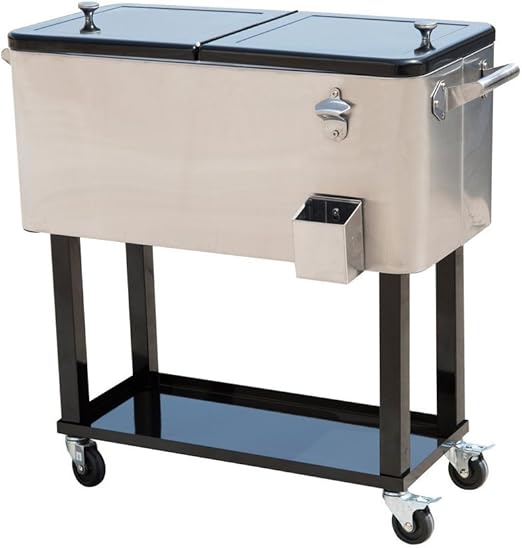80-Quart Stainless Steel Patio Cooler Portable Ice Cooler Cart Rolling Party Drink Entertaining Outdoor Cooler Cart - Silver