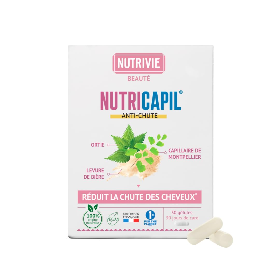 NutriCapil Anti-​Chute – 100% d'origine naturelle - Réduit la chute des cheveux – Levure de bière, Ortie piquante & Capillaire de Montpellier – Fabriqué en France – Nutrivie