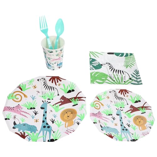 BinZyronic 動物柄使い捨てカトラリーセット 60点 ? ハワイアンパーティーに最適な紙皿・コップ付き屋外イベント用品