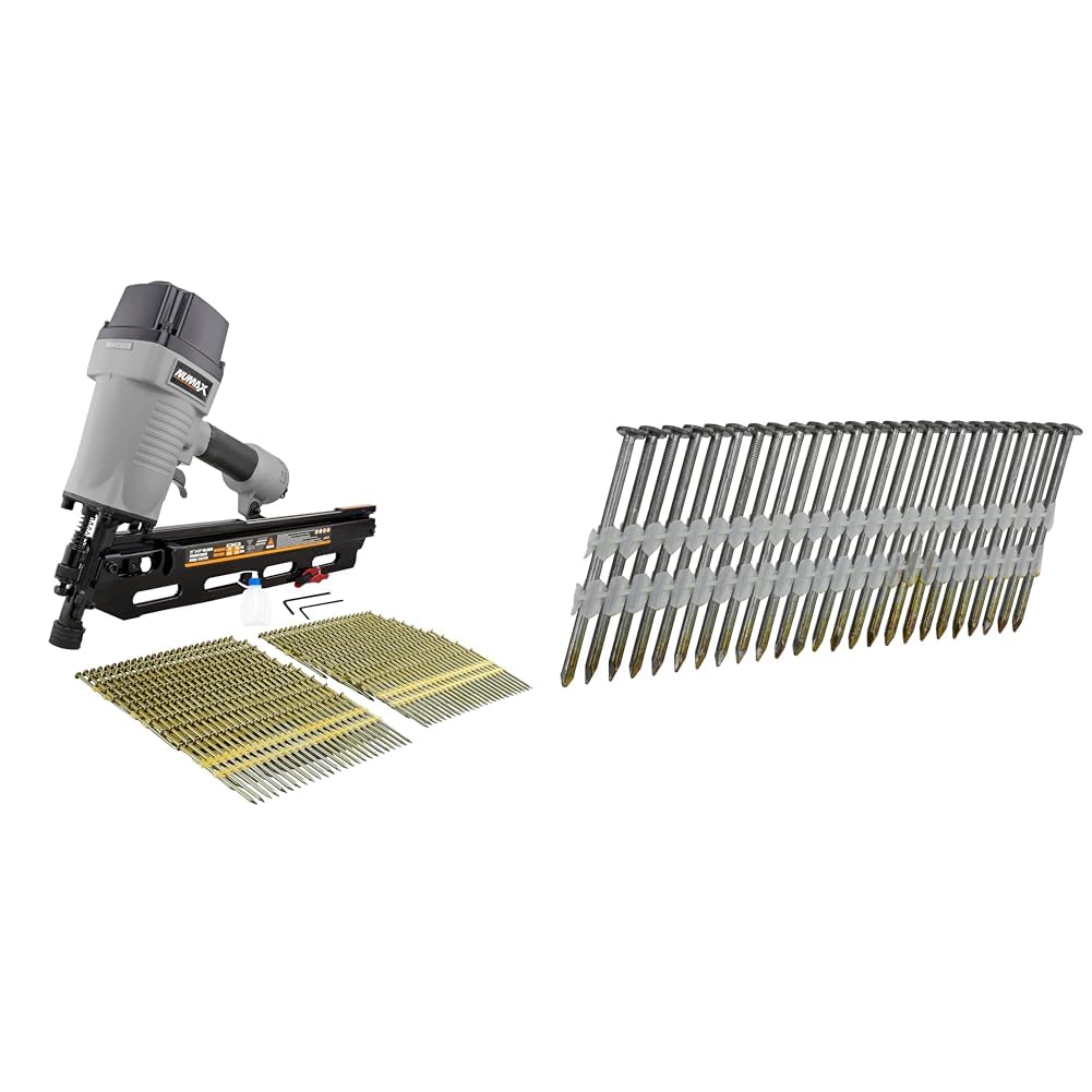 NuMaxPneumatic Framing Nailer Bundle with 21 Degree 3-1/2" Full Round Head Nails (500 Count) and 2-3/8" x 0.113" Brite Finish Framing Nails (500 Count)