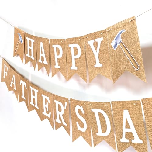 Image of Happy Father's Day Decorations Banner Burlap - Vintage-Style Father's Day Decor Hanging Signs Banner for Home Office Walls Fireplaces Background Photography