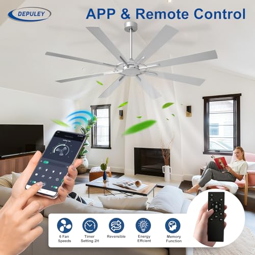 Image of Depuley Ceiling Fan Without Light: 66 Inch Big Indoor Outdoor Fan with Remote APP Control - Large Modern Silver Ceiling Fan no Light 8 Blade Reversible Quiet DC Motor Memory Function Timer