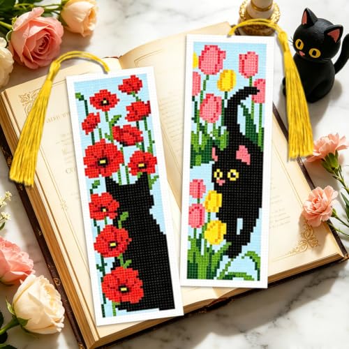 Image of ACRNIGHEET 6PCS Cross Stitch Bookmark Kit for Beginner Stamped Cross Stitch Kits for Adults Cat & Floral DIY Tassel Embroidery Bookmark Kits Needlepoint Kit with Instructions Craft Gift 8.5''x3'' 11CT