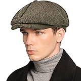 Mens Newsboy Cap High Woolen Tweed Gatsby Hat Ivy Cabbie Flat Golf Cap for Fathers Women Unisex Herringbone Khaki