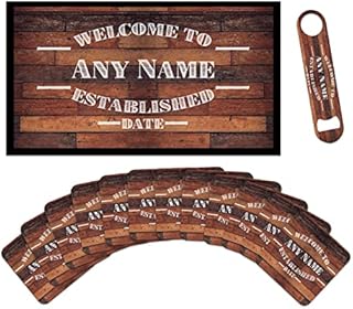 Personalised Bar Runner Mat, Matching Bottle Opener & 12 x Beer Mats Gift Set - Beer Gifts Home Bar Accessories for Pub Bars Man Cave Him Her - BRS-A1273 - ADD YOUR TEXT