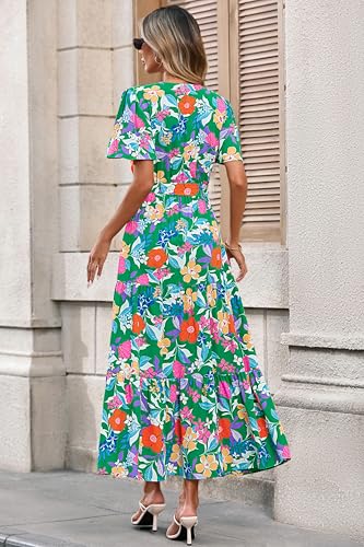 Image of MASCOMODA Women Boho Swiss Dot Maxi Dresses Wrap V Neck Flutter Short Sleeve Solid Tie Waist A Line Tiered Flowy Long Dresses