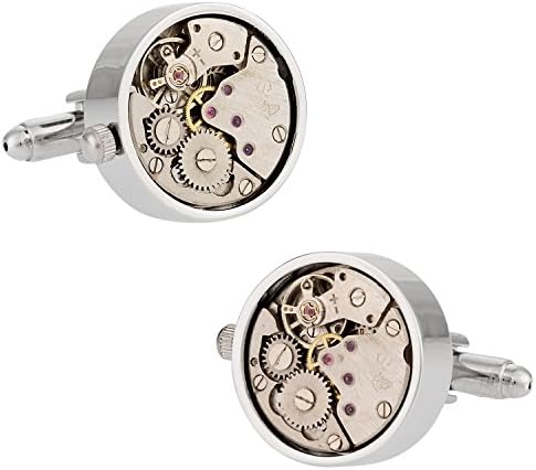Working Watch Movement Steampunk Cufflinks with Glass Cover - Silver Clock Cuff Links Special Occasions Cufflinks Travel Box in with Travel Jewelry Presentation Box
