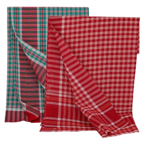 Image of Cotton Bath Towel | Soft, Thin & Lightweight Premium Handloom Gamcha | Quick-Dry, Highly Absorbent | Large Size 180 x 90 cm (72 x 36 Inches) | Color: Red &Green|2 Pieces|
