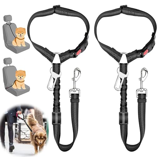 Dog Car Seat Belts 2 Pcs, Dog Car Harness, Adjustable Elastic Bungee Harness Dog Seatbelt with Seatbelt Clip, Car Safety Buckle Seat Belt for Pet