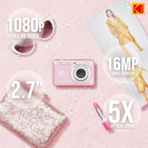 Image of Kodak Pixpro FZ55 16MP 1080p 5X Optical Zoom Digital Camera Pink (Pink) | 16.35MP Sensor, 1080p Full HD Video, 2.7 LCD, Rechargeable Li-Ion Battery