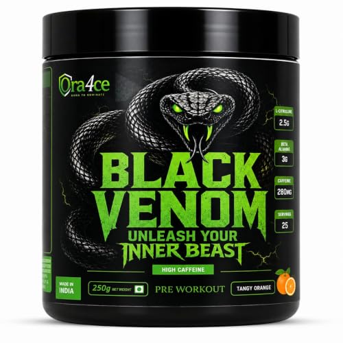Image of Black Venom Pre-Workout Powder |Tangy Orange Flavour| Caffeine 280mg |25 Servings | 250 gm Pack of 5