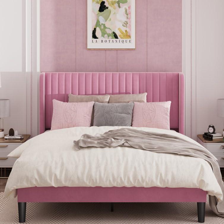 Image of HITHOS Solid Wood Modern Upholstered Queen Size Bed | Wooden Double Bed Cot Palang Furture Without Storage | Wingback Headboard (Pink)