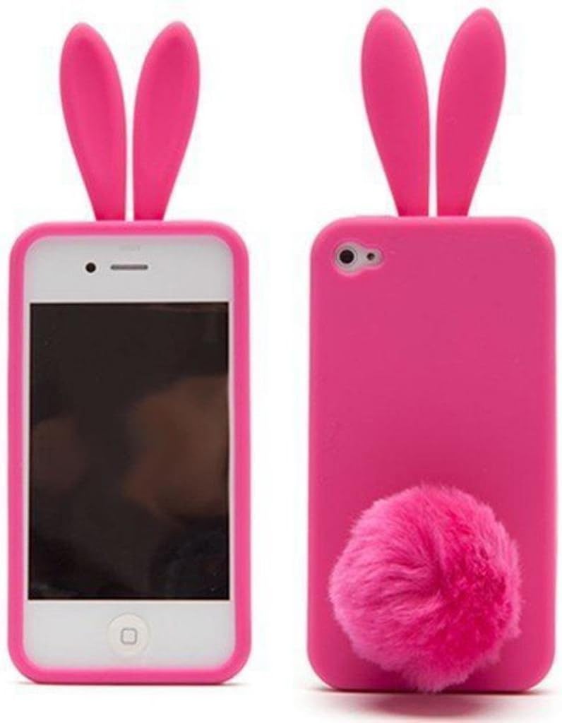 DE New Fashion 3D Cartoon Animal Hot Pink With Removable Furry Tail Holder Stand Rabito Rabbit Long Ear Design Style Soft Rubber Case Cover Shell Compatible for Apple iPhone 4 4G 4S