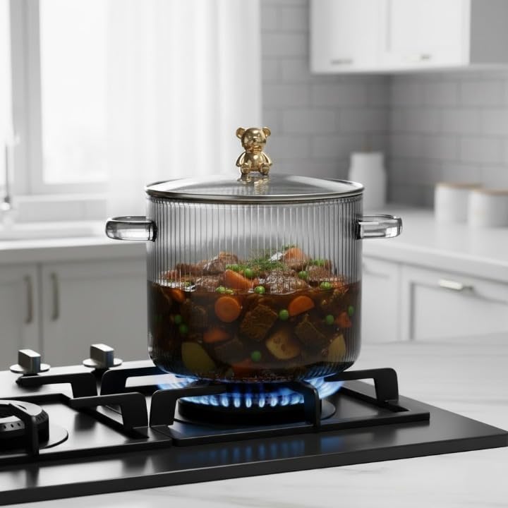 Fluted Glass Cooking Pot 2.6 LTR. Heat Resistant Flame Safe Cookware Stovetop for Pasta Noodle Clear Uncoated Induction Plate Direct Set stovetop... - Image 3