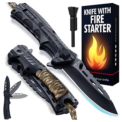 Pocket Knife - Tactical Folding Knife - Spring Assisted Knife with Fire Starter & Paracord Handle - Best EDC Survival Hiking Camping Knife for Army Military Emergency Outdoor Rescue - GrandWay 6772