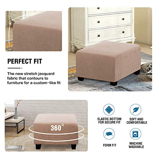 Image of H.VERSAILTEX Square Ottoman Covers Ottoman Slipcovers Folding Storage Stool Furniture Protector Form Fit with Elastic Bottom, Stretch High Spandex Small Checks Jacquard Fabric(Medium,Sand)
