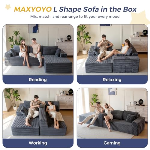 Image of MAXYOYO 265 cm Modular Sofa and Chaise Longue, Modern Cloud Boneless Couch in L-Shape with Ottoman, Corner Sofa with Multi-Function, Assembly-Free, Sofa in a Box for the Living Room
