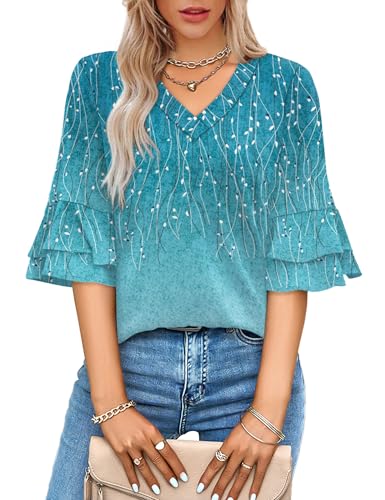 Image of OFEEFAN Spring Tops for Women Boho Shirts Fashion Clothing Cute 3 /4 Length Sleeve Blouses Dressy Casual Summer Outfits