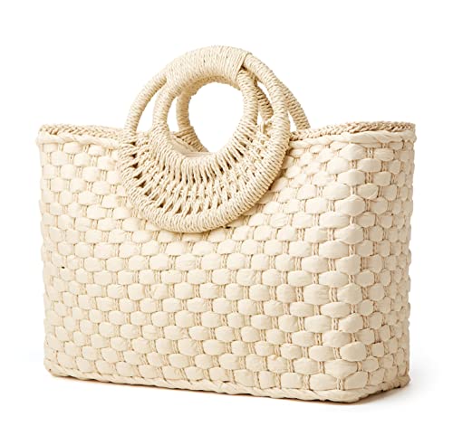 Women Straw Handbag, Large Capacity Woven Handmade Round Handle Hobo Bag, Casual Retro Vacation Beach Bag #TOP1