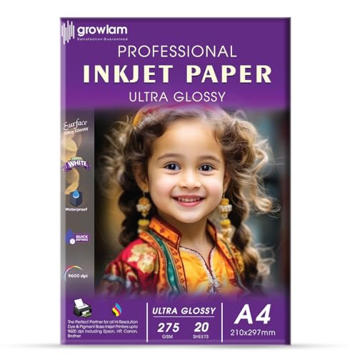 Image of Growlam Ultra Glossy Photo Paper 275 GSM A4 Size Photo Paper- Water Proof, Instant Drying, 20 Sheets, Resin Coated, Compatible with Inkjet Printer (Pack of 1)