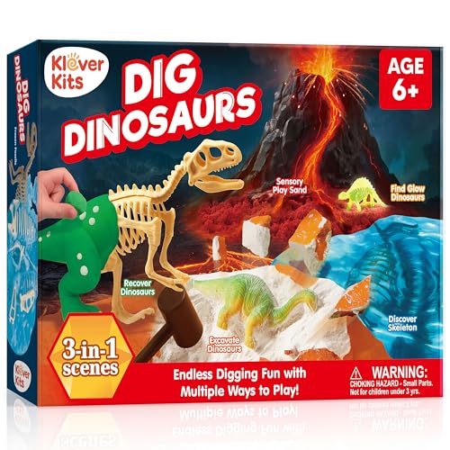 Klever Kits 3-in-1 Dinosaur Fossil Digging Kit STEM Learning Toys with Glow in The Dark Dinosaurs and Sensory Play Sand, DIY Your Own Dinosaur with 5 Color Clay, Gift for Kids Aged 6+ by Jova