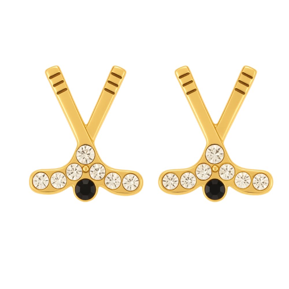 Infinity Collection Hockey Stick Earrings – Plated Studs with Sparkly Rhinestones, Ice Hockey Jewelry & Gifts for Female Players (Gold)