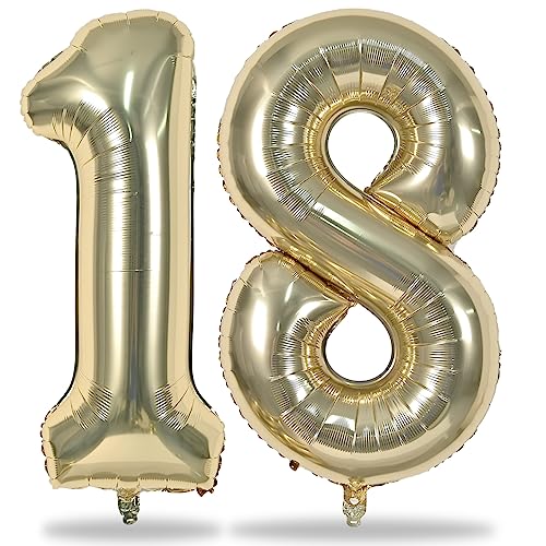 Light Gold Number 18 Birthday Balloons 40 Inch Large Champagne Gold Foil Number 1 & 8 Balloons for 18 Year Old Boys Girls Gold 18th Birthday Balloons for Women Men Anniversary Party Decorations
