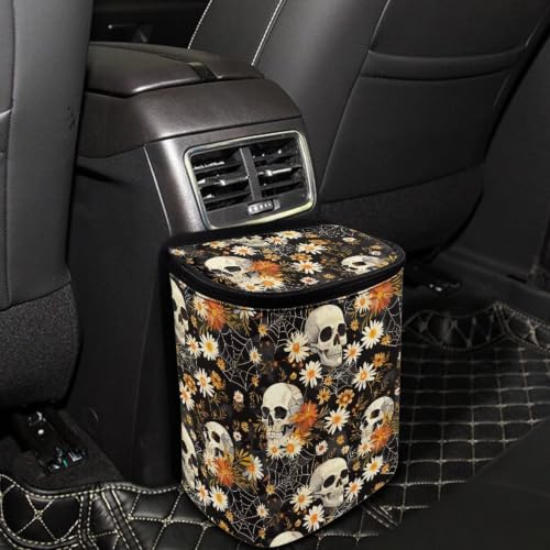 Image of Daisy Skeleton Skull Print Car Trash Can with Lid Proof Organizer and Storage Bag Car Garbage Can with Adjustable Straps for Cars Truck,SUV