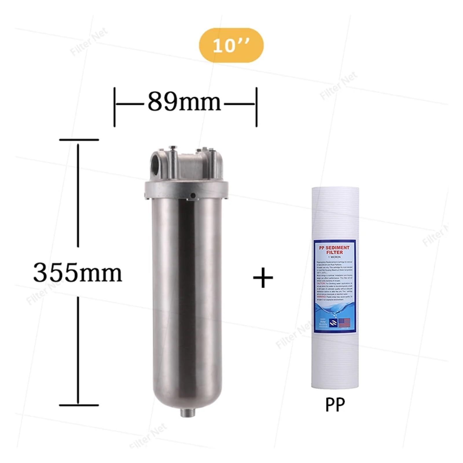Carcasa de filtro agua acero inoxidable 304 10Kg for cartuchos 10''L, entrada y salida 3/4 pulgadas Npt con soporte(10thread dn20 withPP)