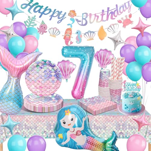 Yosiio 7 años decoración de cumpleaños, sirena, vajilla de cumpleaños, kit de cumpleaños,...