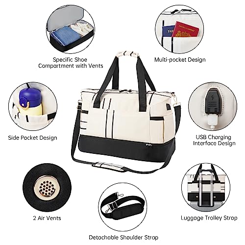 ETRONIK Gym Bag for Women, Travel Duffel Bag with USB Charging Port, Weekender Overnight Bag with Wet Pocket and Shoes Compartment for Women, Travel, Gym, Yoga (Khaki/Black)3