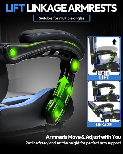 Image of Dowinx Ergonomic Gaming Chair with Footrest & Massage Lumbar, 2D-Linkage Armrests for Computer Chair 330lbs with Headrest Pillow for Office, Home, Streaming and Long Gaming Sessions, Blue