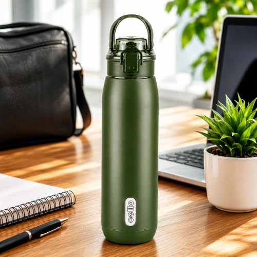 Image of CELLO Puro Steel-X Flint 900 Insulated Water Bottle 650 ml, Military Green | Easy Press Open Flip Top, Easy to Carry with Handle Leak Proof Inner Steel Water Bottle for School Kids, Office Gym Travel