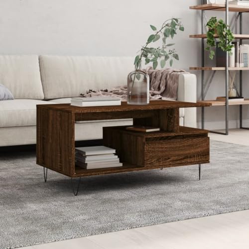 LAPOOH Mesa de café de roble marrón 90 x 49 x 45 cm de madera de ingeniería, mesa de café, mesa auxiliar, mesa de centro moderna, muebles para el hogar para sala de estar (SPU:831027)