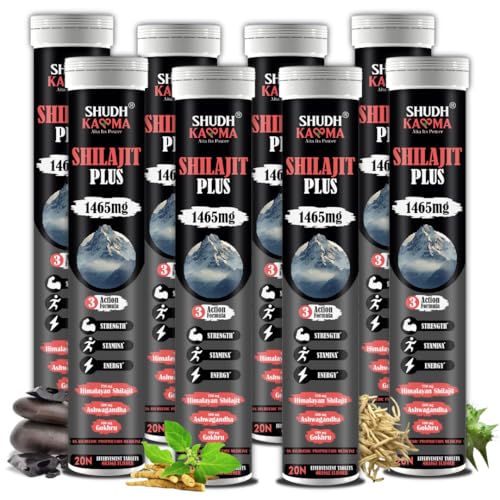 Image of Shudh Kaama Original Himalayan Shilajit /Shilajeet (750mg) Effervescent with Ashwagandha, Gokshura & Safed Musli for Strength & Muscle Gain - (Pack of 8) 160 Tablets