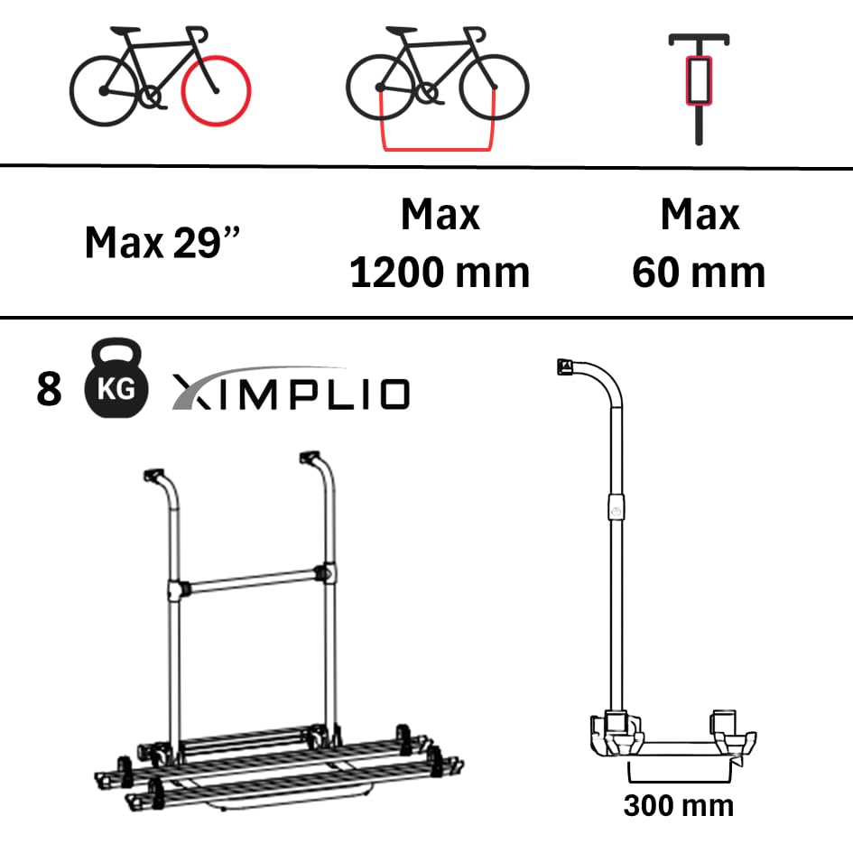 XIMPLIO Wallrider Portabici per Camper e Caravan, Alluminio Anodizzato, per 2 Biciclette ed E-Bike, Carico Massimo 50 kg, Pieghevole con Antifurto Integrato