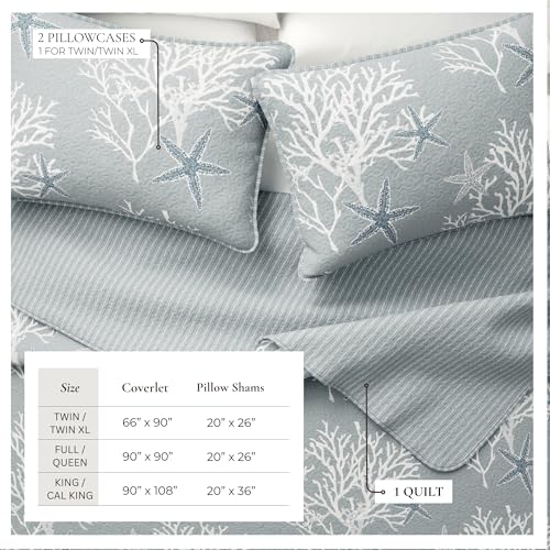 Image of Great Bay Home 3-Piece Coastal Beach Theme Quilt Set with Shams. Soft All-Season Luxury Microfiber Reversible Bedspread and Coverlet. Fenwick Collection (Twin, Pearl Blue)