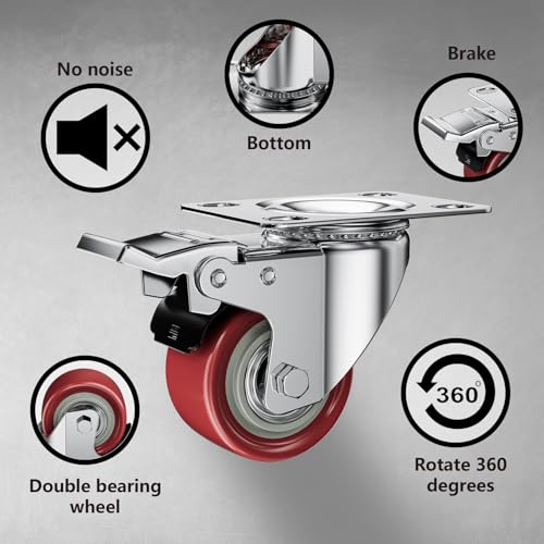 Image of 2 Inch Caster Wheels, Casters Set of 4, ASHGOOB Red Polyurethane (PU) Casters with Brake Heavy Duty, Industrial Locking Swivel Top Plate Castor Wheels for Workbench /Furniture /Cart