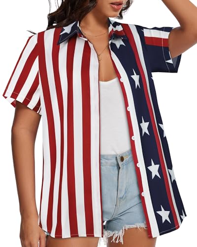Image of Women Hawaiian Shirt Button Down Summer Tops Beach Short Sleeve Blouse