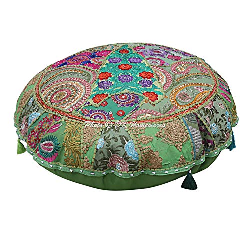 Dk Homewares Indian Traditional Bohemian Floor Cushion For Kids Parrot Green 22 Inch Patchwork Yoga Pouf Ottoman Home Decor Embroidered Vintage Cotton Round Floor Pillow Adult 55 Cm #TOP1