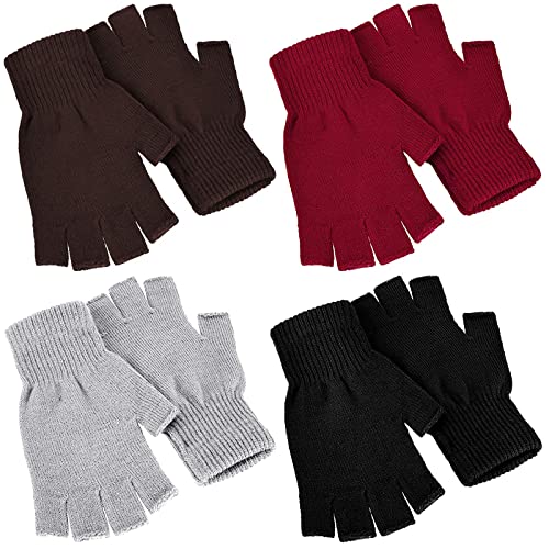 Image of SATINIOR 4 Pairs Winter Half Finger Gloves Knitted Fingerless Mittens Warm Stretchy Gloves for Men and Women