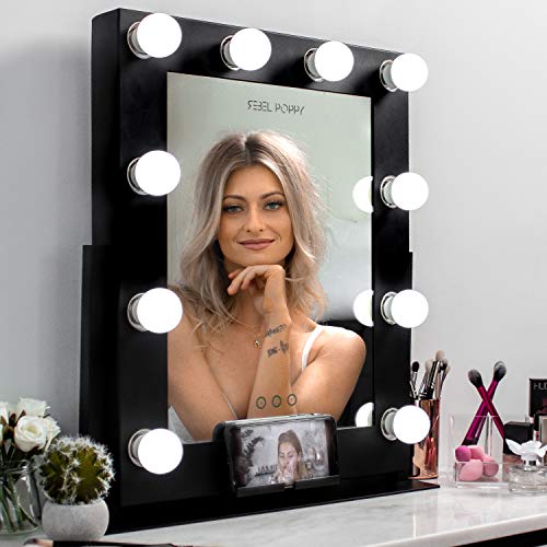 REBEL POPPY Large Vanity Mirrors with LED Lights, Phone Mount, Dim Lighting Touch Control, 21.5” x 19”, Fogless - Hollywood Mirror and Magnifying Set - Glam Black