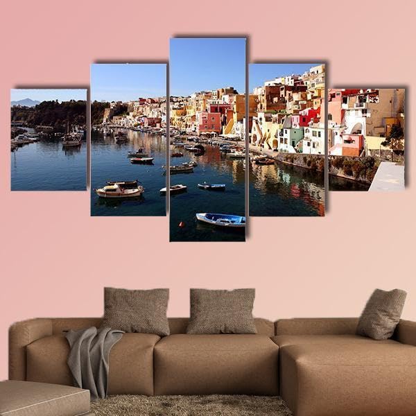Déco murale salon Italie Procida - Grand tableau impression sur toile 5 parties avec cadre