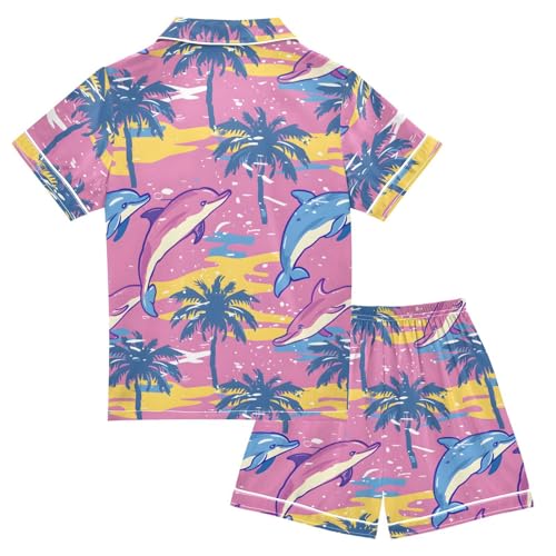 ALAZA Color Wave Palm Tree Dolphin Satin Pajamas Set Short Sleeve Button Down Sleepwear Summer Pjs 2 Piece2
