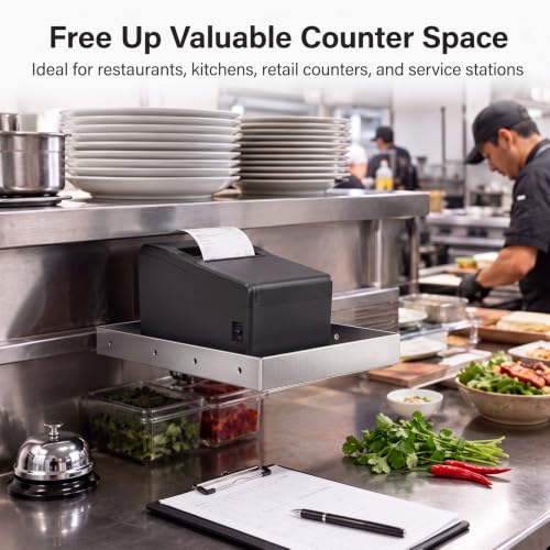 Image of Shimeyao 304 Stainless Steel POS KDS Thermal Printer Shelf Tray, 13.5 x 10 Inch Large Receipt Printer Stand, Mounts to Wall or Shelf Edge, 4 Mounting Holes Each Side for Kitchen, Retail, Shop
