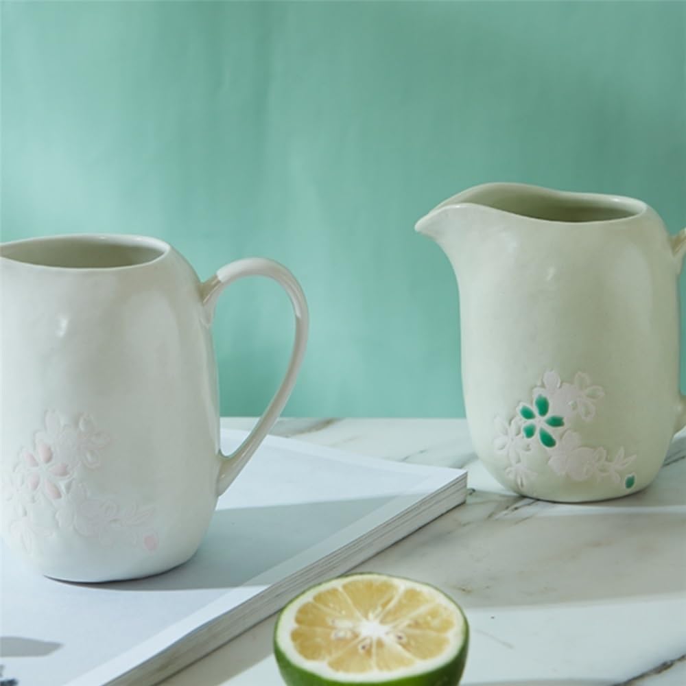 MRKU Pot à Lait, saucière, Tasse à Eau, pichet, crémier, Distributeur de café, sucrier, Pot à crème en céramique Peint à la Main avec Anse et Bec verseur Pointu.